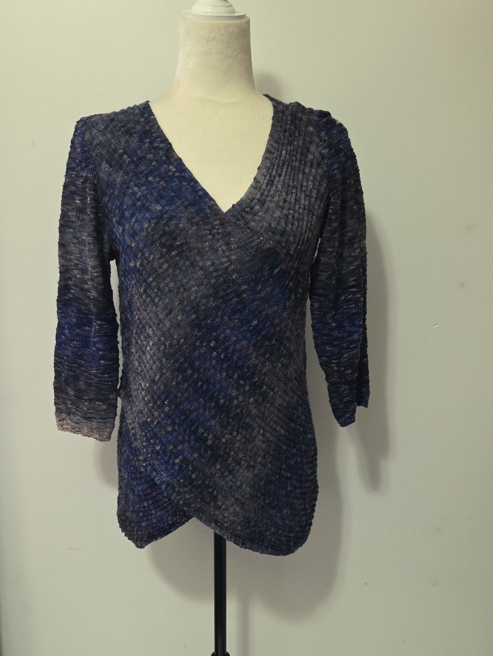 Westport Blue Variegated 3/4 Sleeve V-Neck Sweater